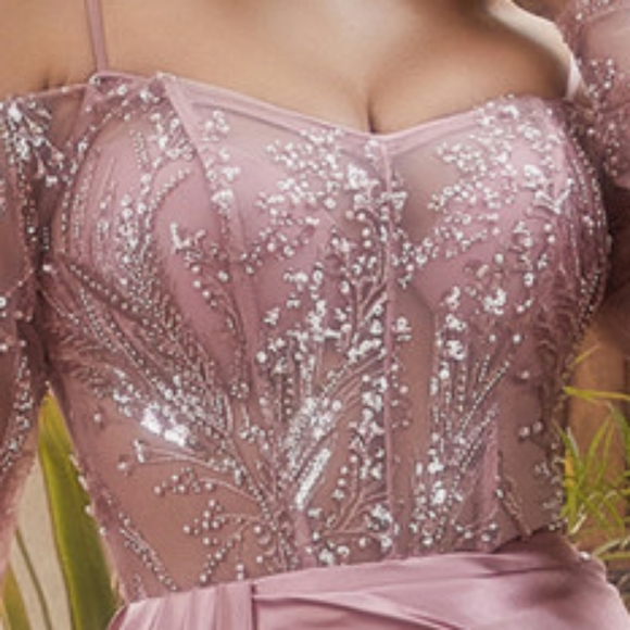 Royal,long sleeve beaded off the shoulder fitted leg slit floor length gown - Picture 7 of 9